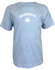 Powder blue children's T-shirt with white chest imprint of Bowdoin arched over a paw print.