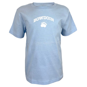 Powder blue children's T-shirt with white chest imprint of Bowdoin arched over a paw print.