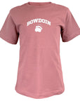 Dusty pink children's T-shirt with white chest imprint of Bowdoin arched over a paw print.