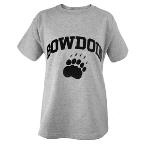 Oxford grey short-sleeved tee with black imprint of BOWDOIN arched over a paw print.