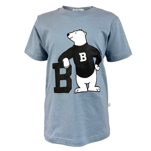 Light blue children's T-shirt with large chest imprint of a cartoon polar bear wearing a black sweater and leaning on a black letter B.