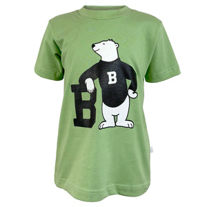 Light green children's T-shirt with large chest imprint of a cartoon polar bear wearing a black sweater and leaning on a black letter B.