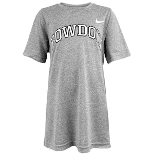 Heather grey short sleeved tee with white arched BOWDOIN on chest with black outline. White Nike swoosh on left shoulder.