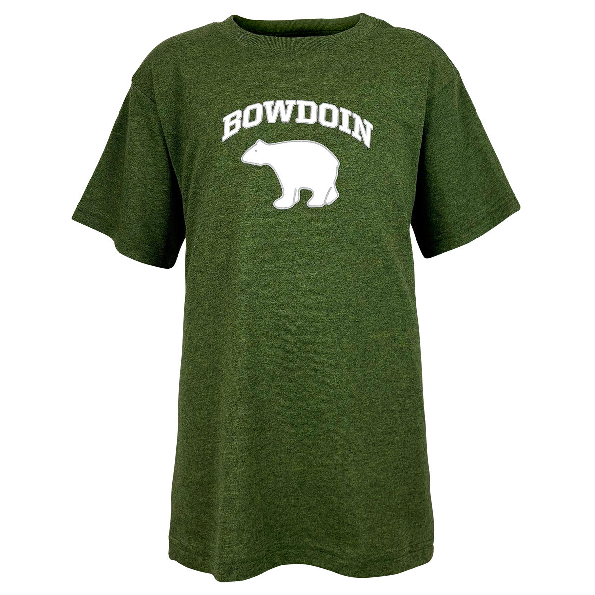Heathered green t-shirt with 'Bowdoin' and bear logo on a white background
