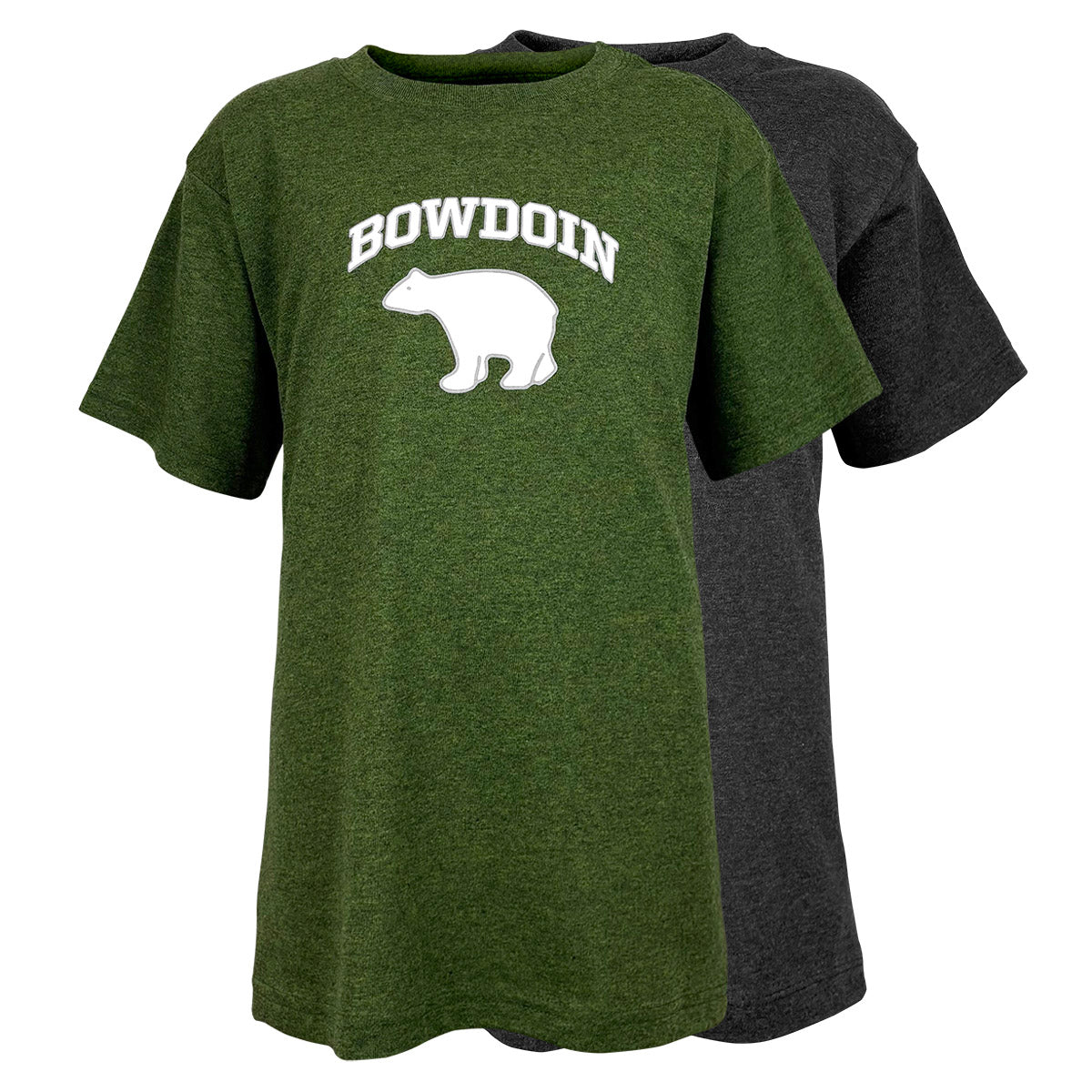 Green and dark grey t-shirts with 'Bowdoin' and bear logo on a white background