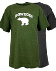 Green and dark grey t-shirts with 'Bowdoin' and bear logo on a white background