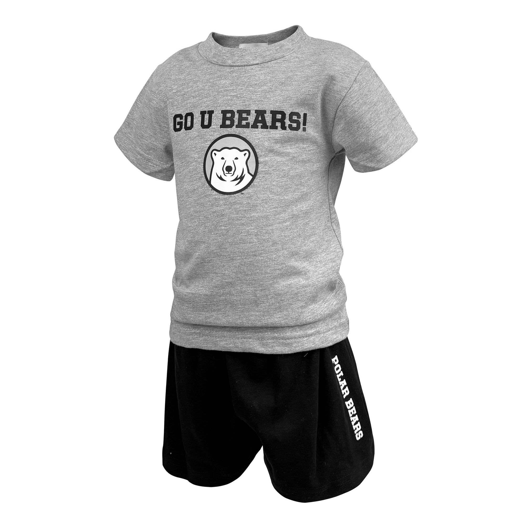 Baby outfit with grey t-shirt with GO U BEARS and polar bear chest imprint, black shorts with white POLAR BEARS imprint on leg.