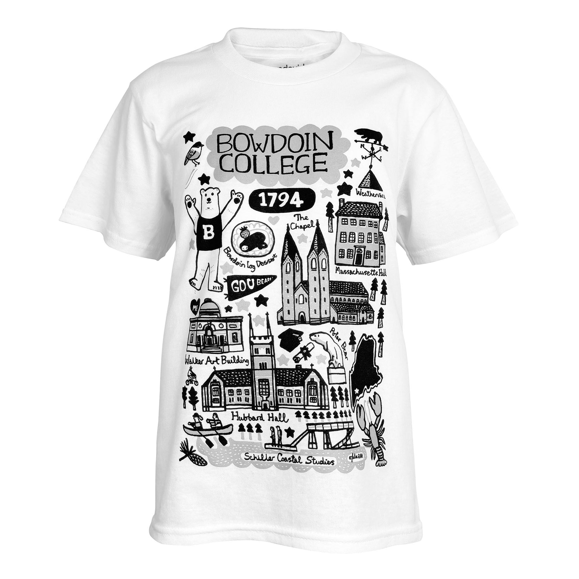 A white short-sleeve crewneck t-shirt featuring a detailed black line art graphic of Bowdoin College campus and landmarks, including the chapel, polar bear, and 'Bowdoin College 1794' text.