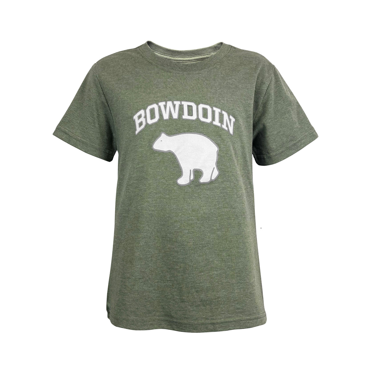 An olive green heather short-sleeve t-shirt with 'BOWDOIN' and a white bear graphic printed on the front, displayed against a solid white background.