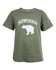 An olive green heather short-sleeve t-shirt with 'BOWDOIN' and a white bear graphic printed on the front, displayed against a solid white background.