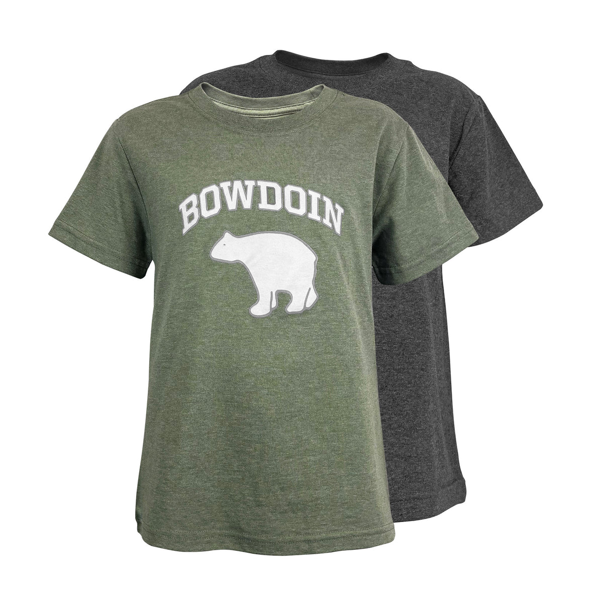 Two short-sleeve crewneck t-shirts shown on a white background, with an olive green shirt in front featuring a white 'BOWDOIN' text and bear graphic, and a dark gray shirt behind it.