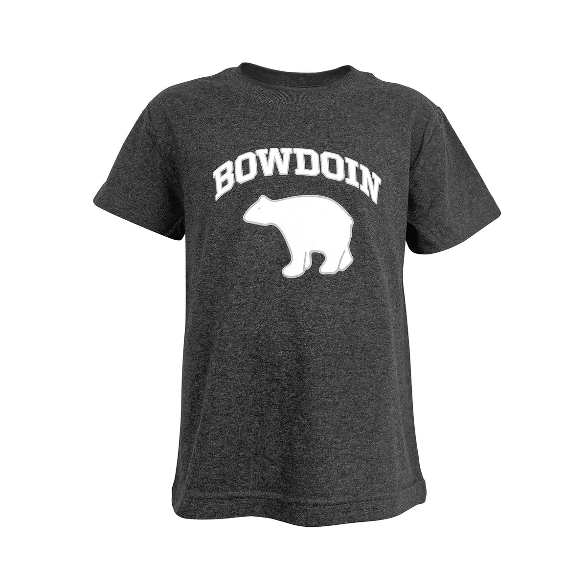 A dark heather gray t-shirt featuring a white graphic print of the word 'BOWDOIN' in an arched font above a white silhouette of a bear, shown against a plain white background.