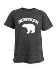 A dark heather gray t-shirt featuring a white graphic print of the word 'BOWDOIN' in an arched font above a white silhouette of a bear, shown against a plain white background.