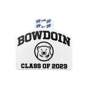 White decal with arched top. Black imprint of BOWDOIN arched over mascot medallion over CLASS OF 2023.