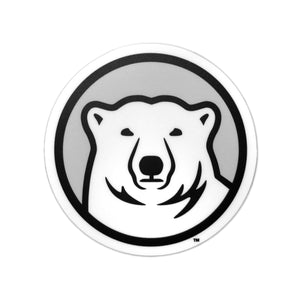 Round sticker in black and white showing polar bear medallion on a grey background.