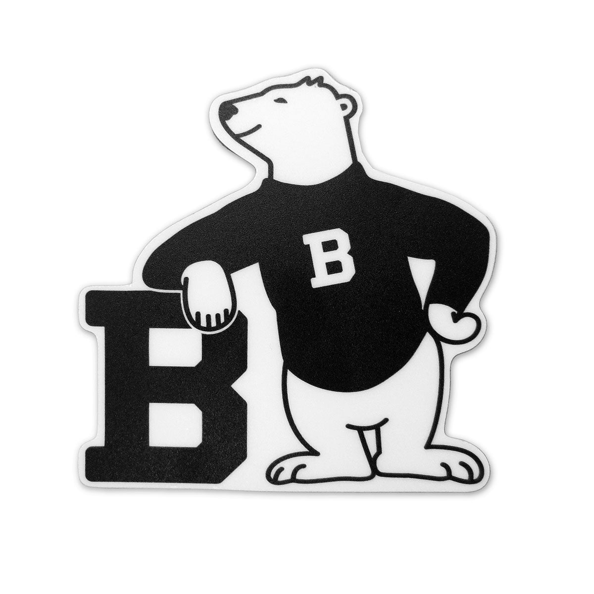 Black and white sticker with cartoon bear wearing a black sweater and leaning on a large black B.