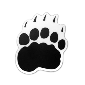 White sticker with black paw print imprint.