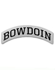 Grey arched sticker with curved BOWDOIN imprint in black with white outline.