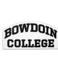 Rectangular white sticker with arched top. Black print of arched BOWDOIN over straight COLLEGE.