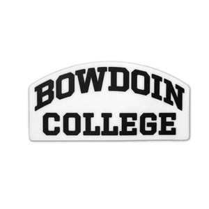 Rectangular white sticker with arched top. Black print of arched BOWDOIN over straight COLLEGE.