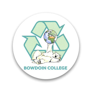 Round white sticker with full color illustration of a polar bear holding a globe with a recycling logo in the background, over BOWDOIN COLLEGE in light green.