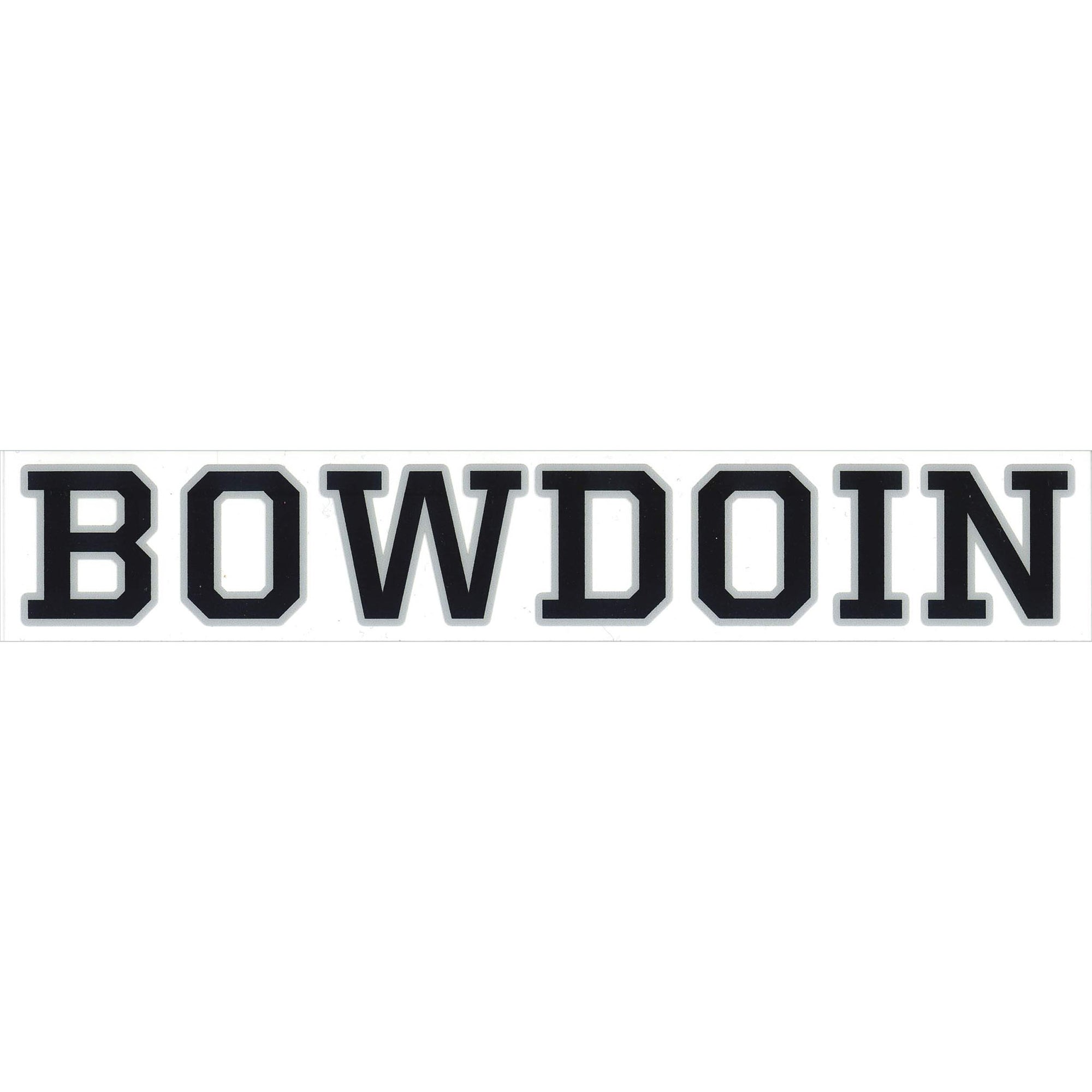 A rectangular clear decal featuring the word 'BOWDOIN' in large, bold, black varsity-style block letters with a light gray outline, centered on a plain white background.