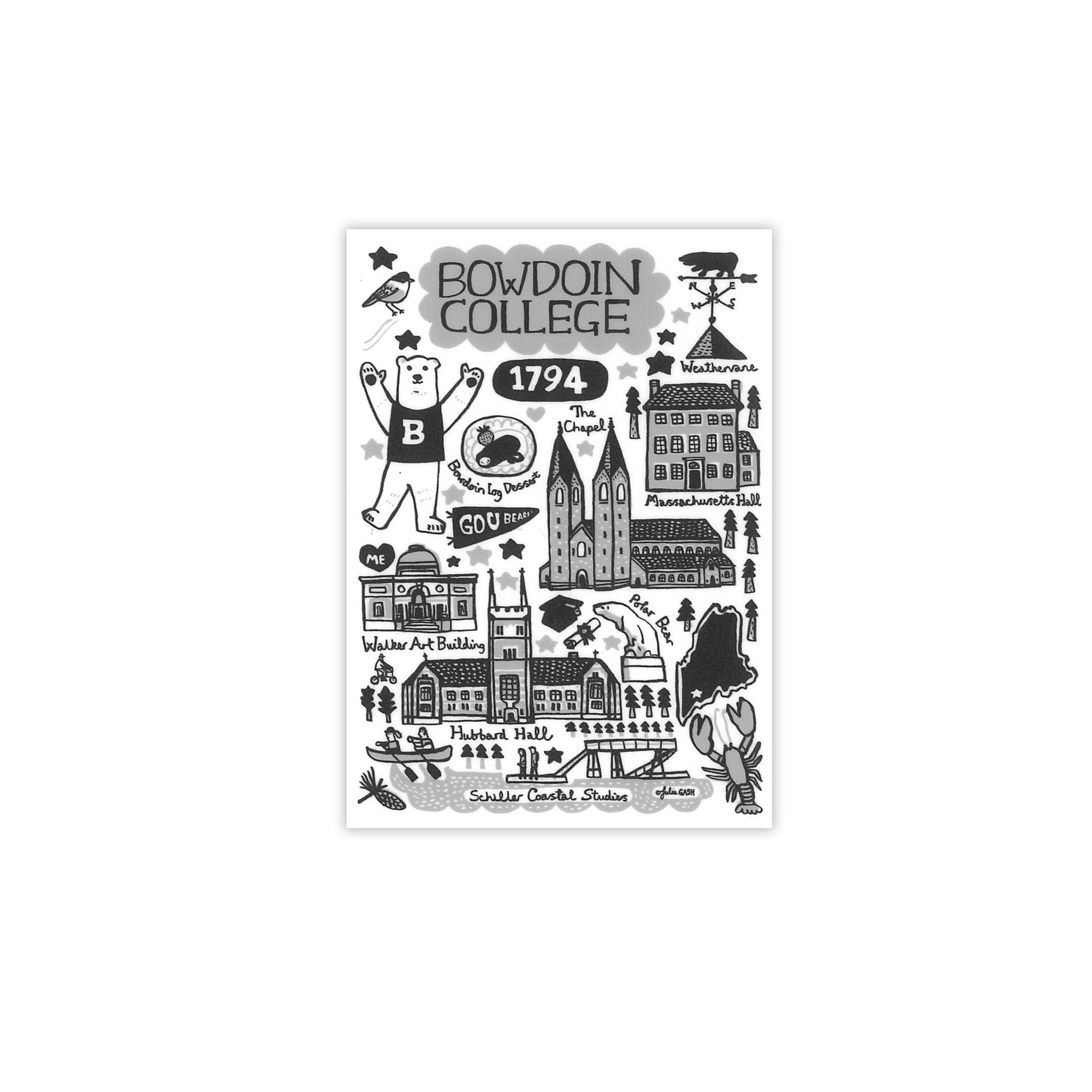 A black and white sticker with hand-drawn illustrations featuring Bowdin College elements, including the college name, '1794', campus buildings, a mascot figure, birds, and campus landmarks on a white background.