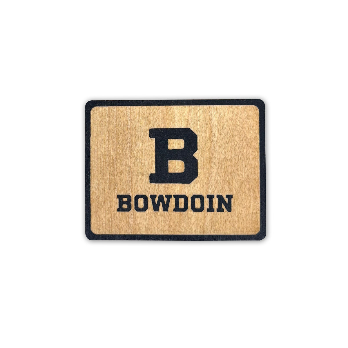 A rectangular wooden sticker with a natural wood grain background, featuring a large black serif letter 'B' above the word 'BOWDOIN' in black capital letters, all enclosed by a black border, shown on a plain white background.