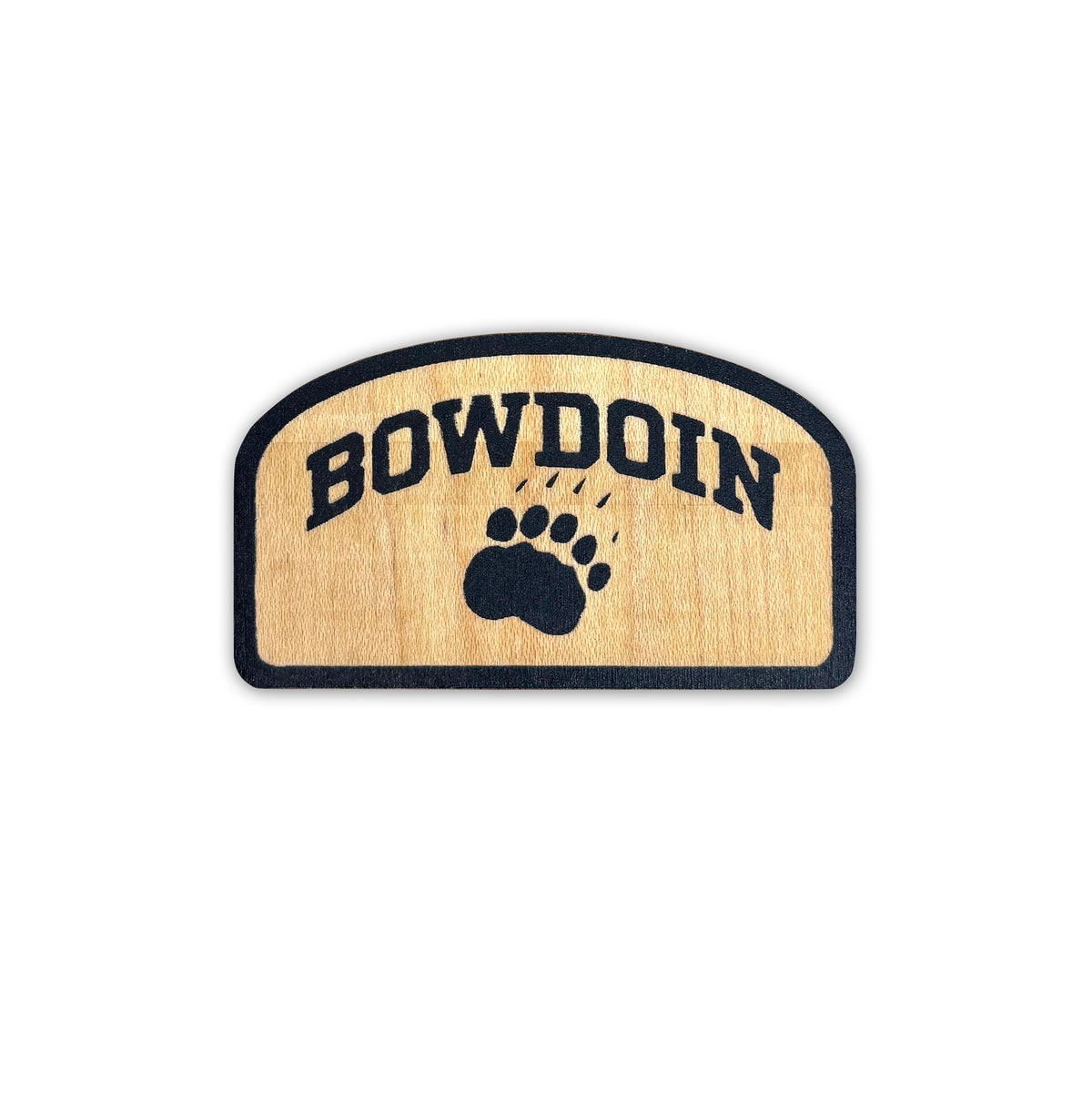 Arch shaped wooden sticker with black border and BOWDOIN arched over a paw print on a white background.