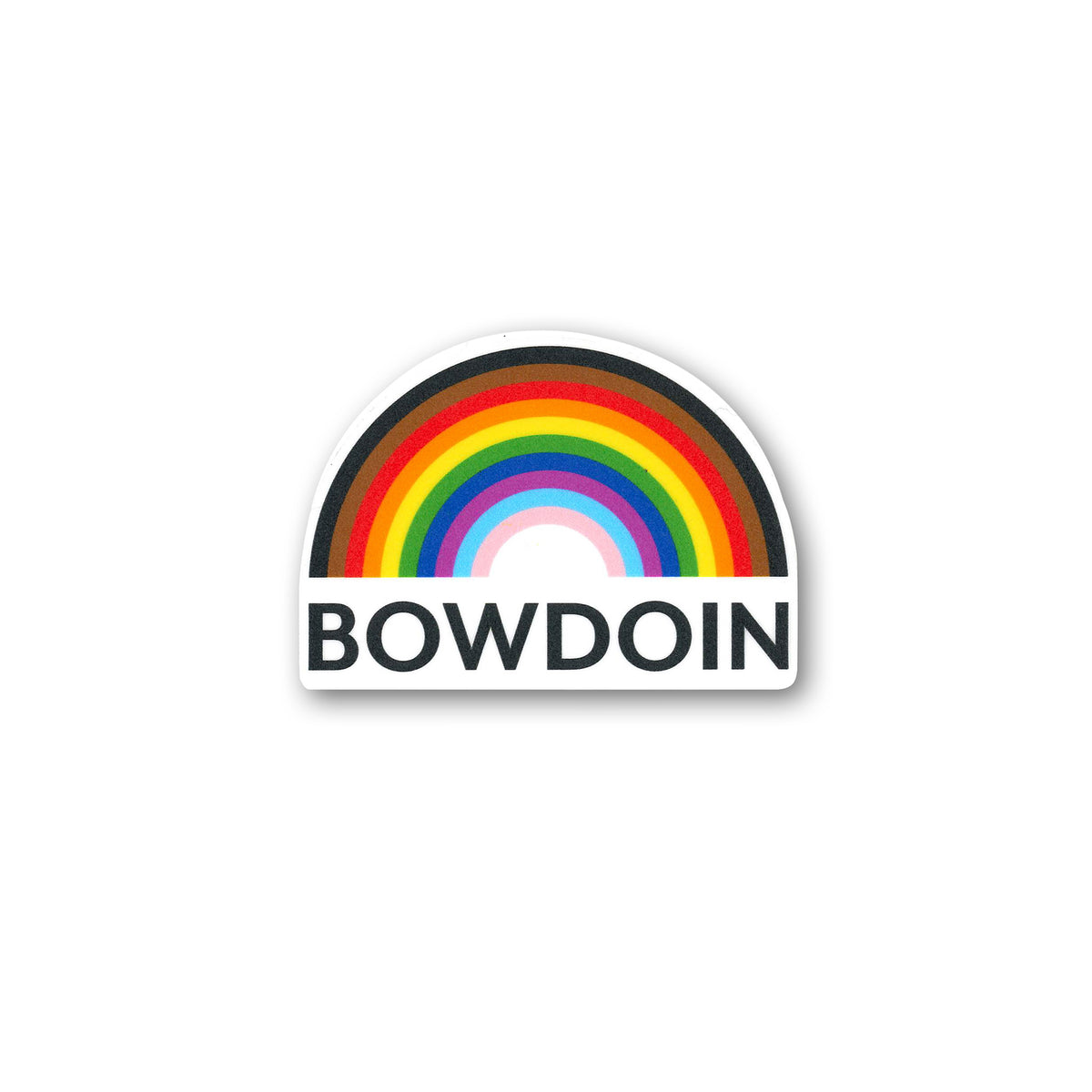 A die-cut sticker featuring a rainbow arch above the word 'BOWDOIN' in bold black letters on a white background, shown on a plain white studio background.