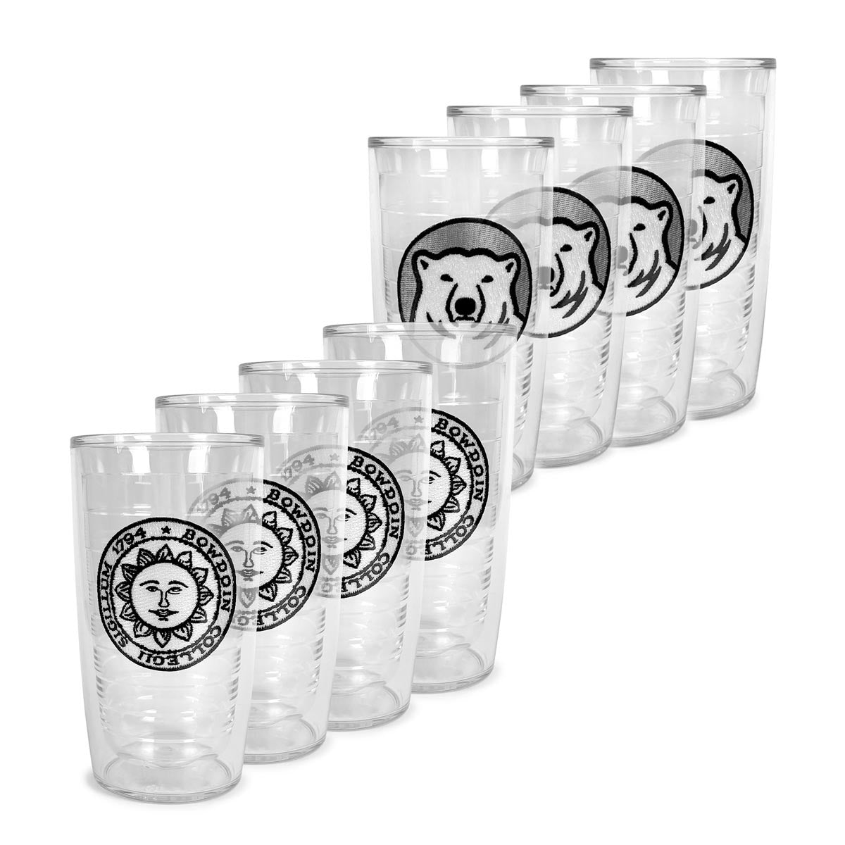 Set of clear tumblers with Bowdoin designs on a white background