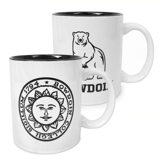 White coffee mugs with black interiors. Bowdoin seal and mascot imprints.