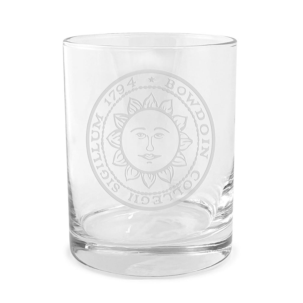 Clear double old fashioned glass with engraved sun seal.