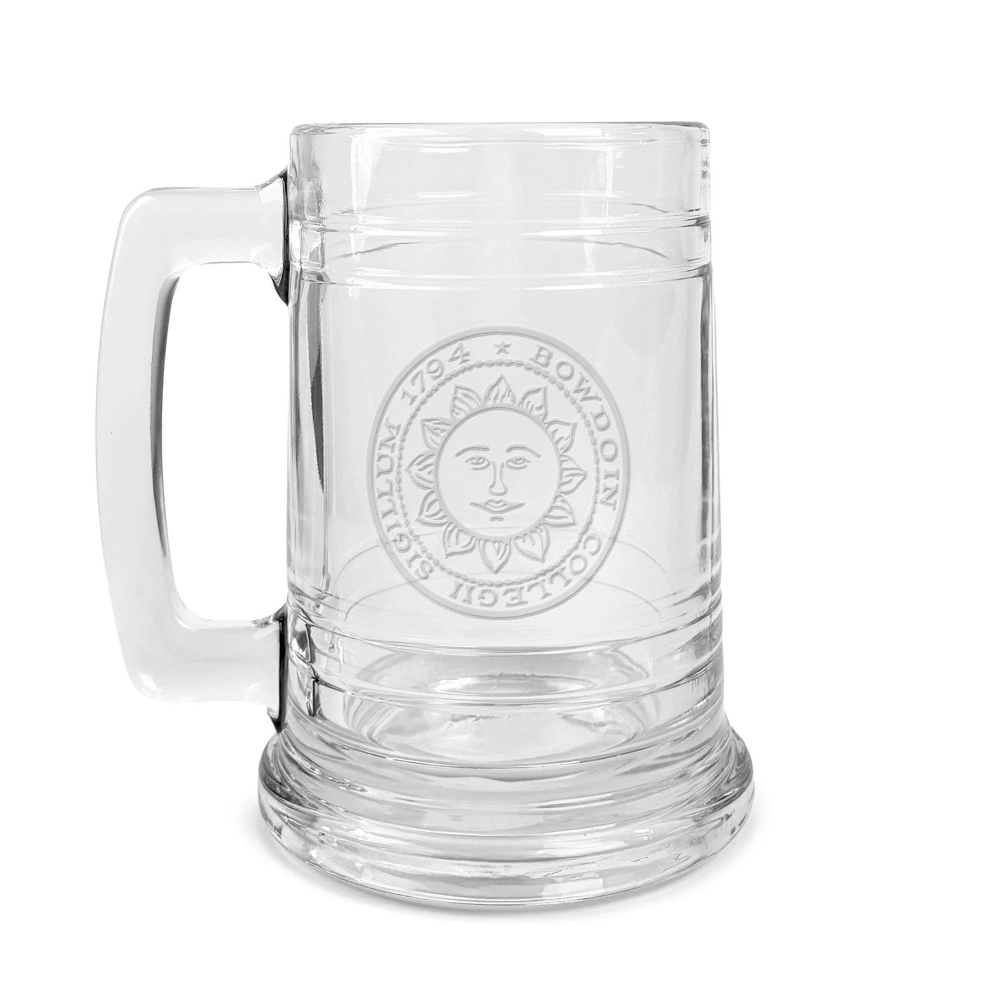 Clear glass mug with embossed Bowdoin College seal on a white background