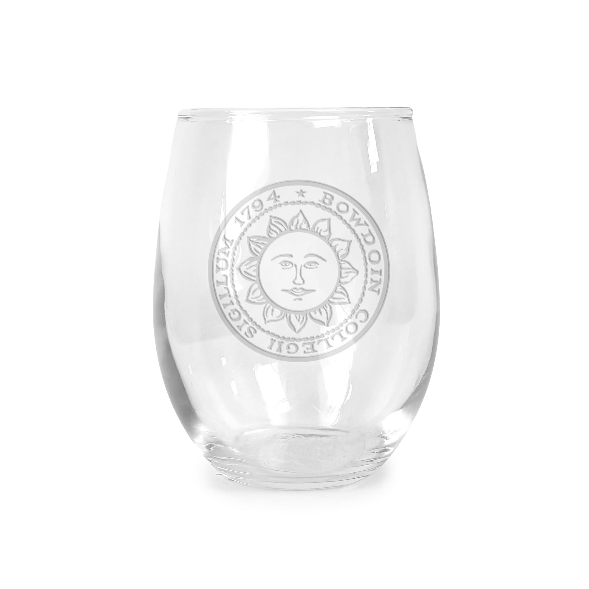 Clear stemless wine glass with engraved Bowdoin College seal on white background.