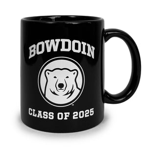 Black coffee mug with white imprint of BOWDOIN arched over mascot medallion over CLASS OF 2025.