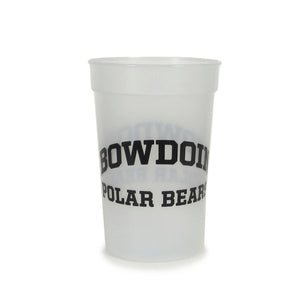 Frosted plastic stadium cup with black imprint of BOWDOIN arched over POLAR BEARS.