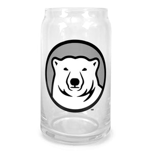Clear can-shaped glass with imprint of polar bear mascot medallion in white and black on a grey background.