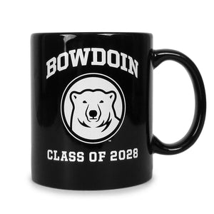 Black coffee mug with white imprint of BOWDOIN arched over mascot medallion over CLASS OF 2028.