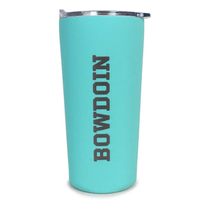 Bright aqua blue travel mug with grey BOWDOIN imprint running vertically from bottom to top.