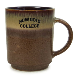 Brown Yuma cafe mug with shiny drip finish over matte base. BOWDOIN arched over COLLEGE imprint in black.