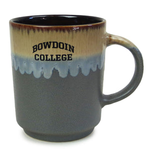 Gray Yuma cafe mug with shiny drip finish over matte base. BOWDOIN arched over COLLEGE imprint in black.