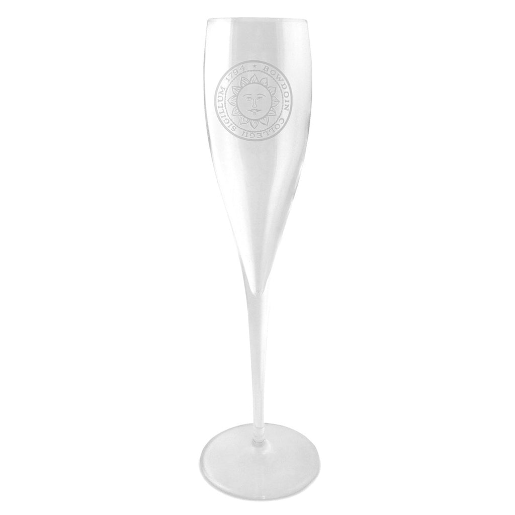 Crystal champagne flute with engraved Bowdoin sun seal.