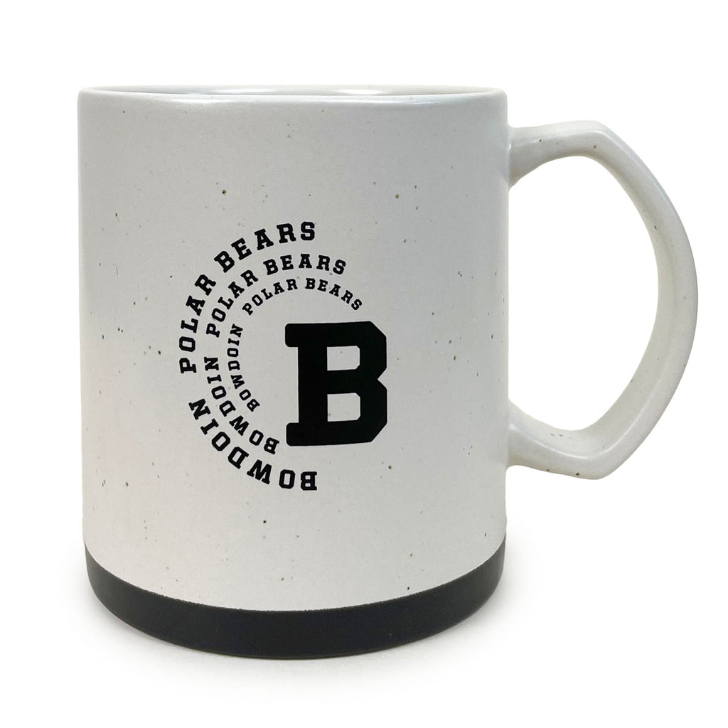 Straight-sided mug with natural speckled glaze and black base. The imprint is a concentric semi-circle of repeating BOWDOIN POLAR BEARS in athletic type, curling around a Bowdoin B.