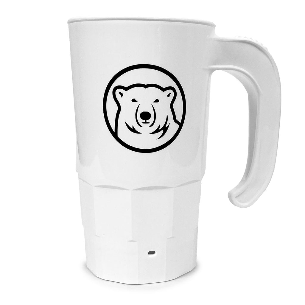 White plastic mug with imprint of mascot medallion.