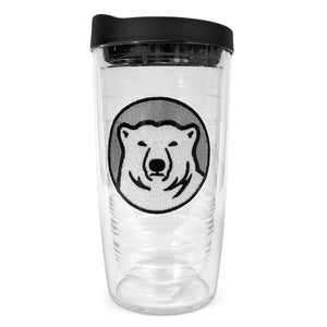 Clear double-walled tumber with black lid and embroidered Bowdoin polar bear mascot medallion  patch.