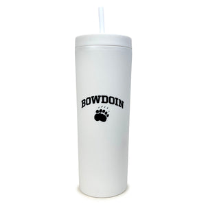 Natural white travel tumbler with white lid and straw. Black arched BOWDOIN over paw imprint.