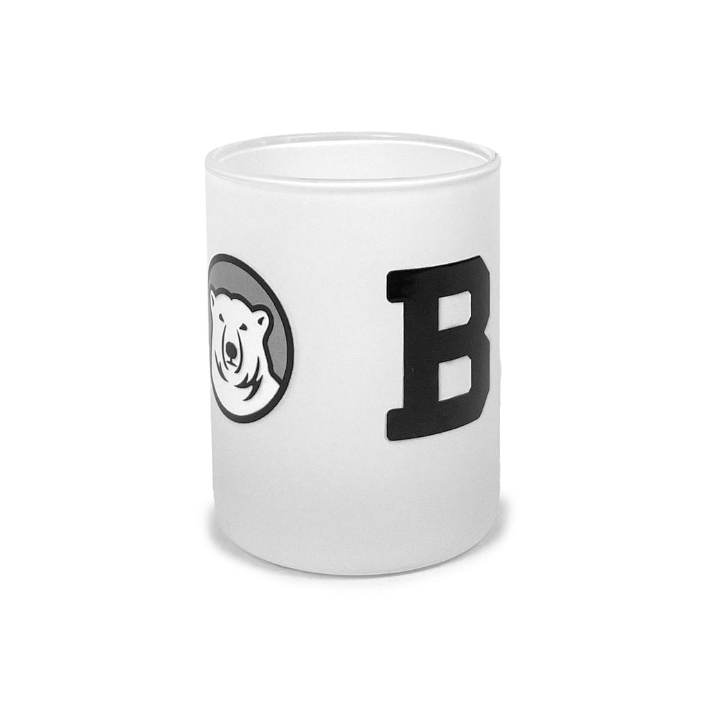 Cylindrical frosted white shot glass with alternating mascot medallion and Bowdoin B imprint.