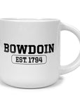 White mug with large round handle and black BOWDOIN over a cartouche containing  EST.1794 in black.