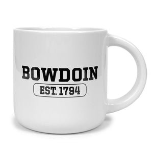 White mug with large round handle and black BOWDOIN over a cartouche containing  EST.1794 in black.